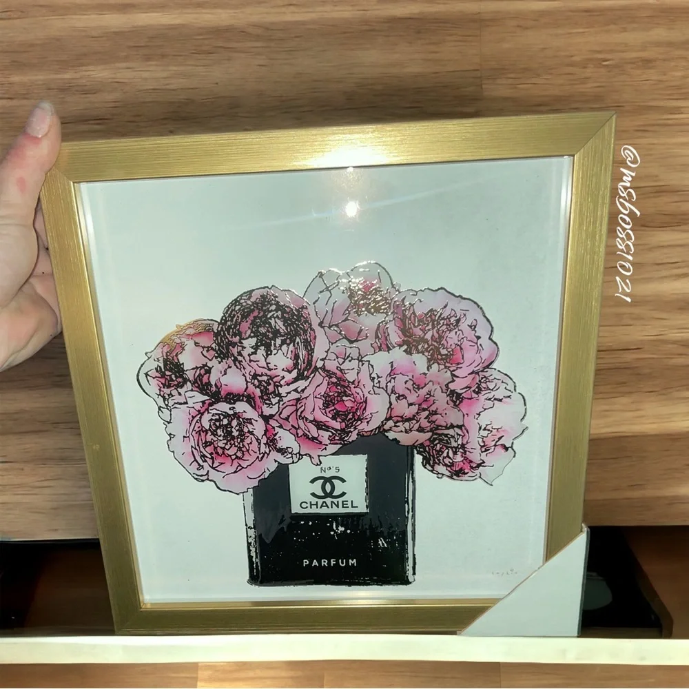 Chanel Floral Framed Wall Art 14”x14” NEW